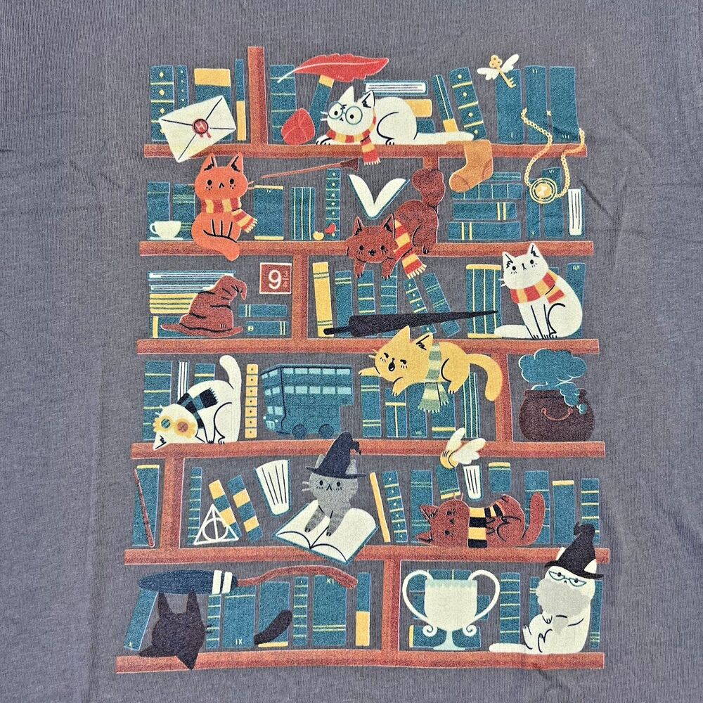 Tee Fury Womens T-Shirt Size S Harry Potter Cats on Bookshelf Gray - Picture 2 of 8